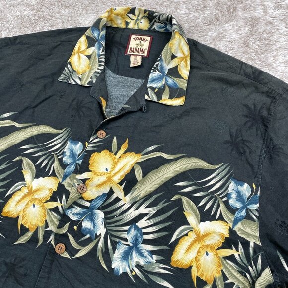 VTG Tommy Bahama Wood Button Loop Collar Shirt Mens L Black Floral Silk Blend - Picture 5 of 11